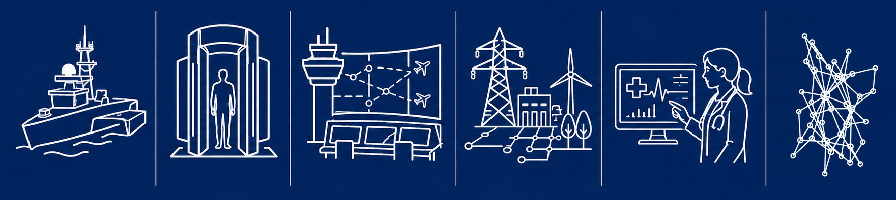 Line illustrations representing autonomy, security, transportation, critical infrastructure, healthcare, and decision intelligence